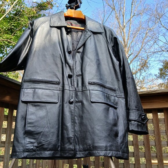 Vintage 90's Black Leather Warm Double Lined Car Coat Many Pockets & Details SzL - Picture 7 of 16